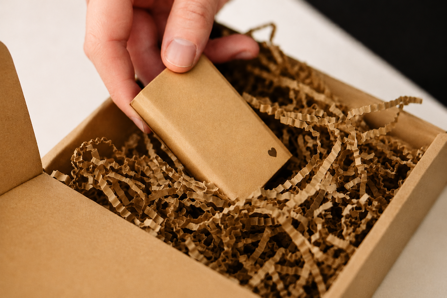 Packaging de papel kraft que utilizamos para enviar los pedidos, de manera orgánica y consciente con el medio ambiente