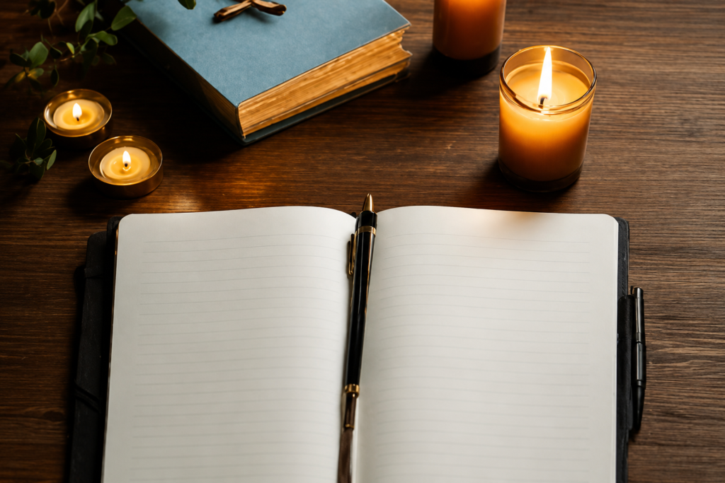 Libreta con bolígrafo y velas encendidas en una mañana acogedora y cálida