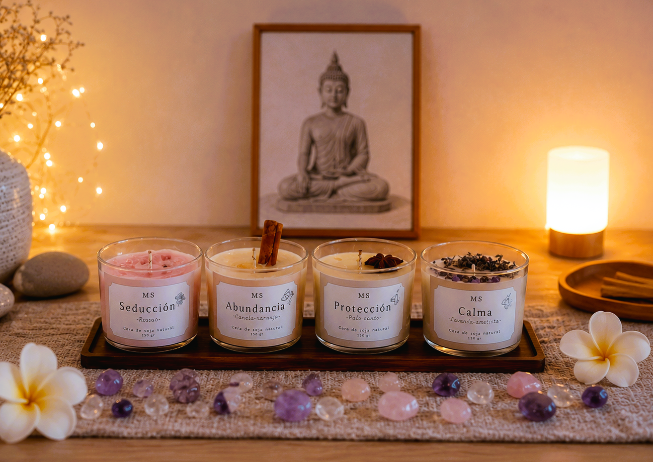 cuatro velas aromáticas intencionadas con fondo cálido y zen