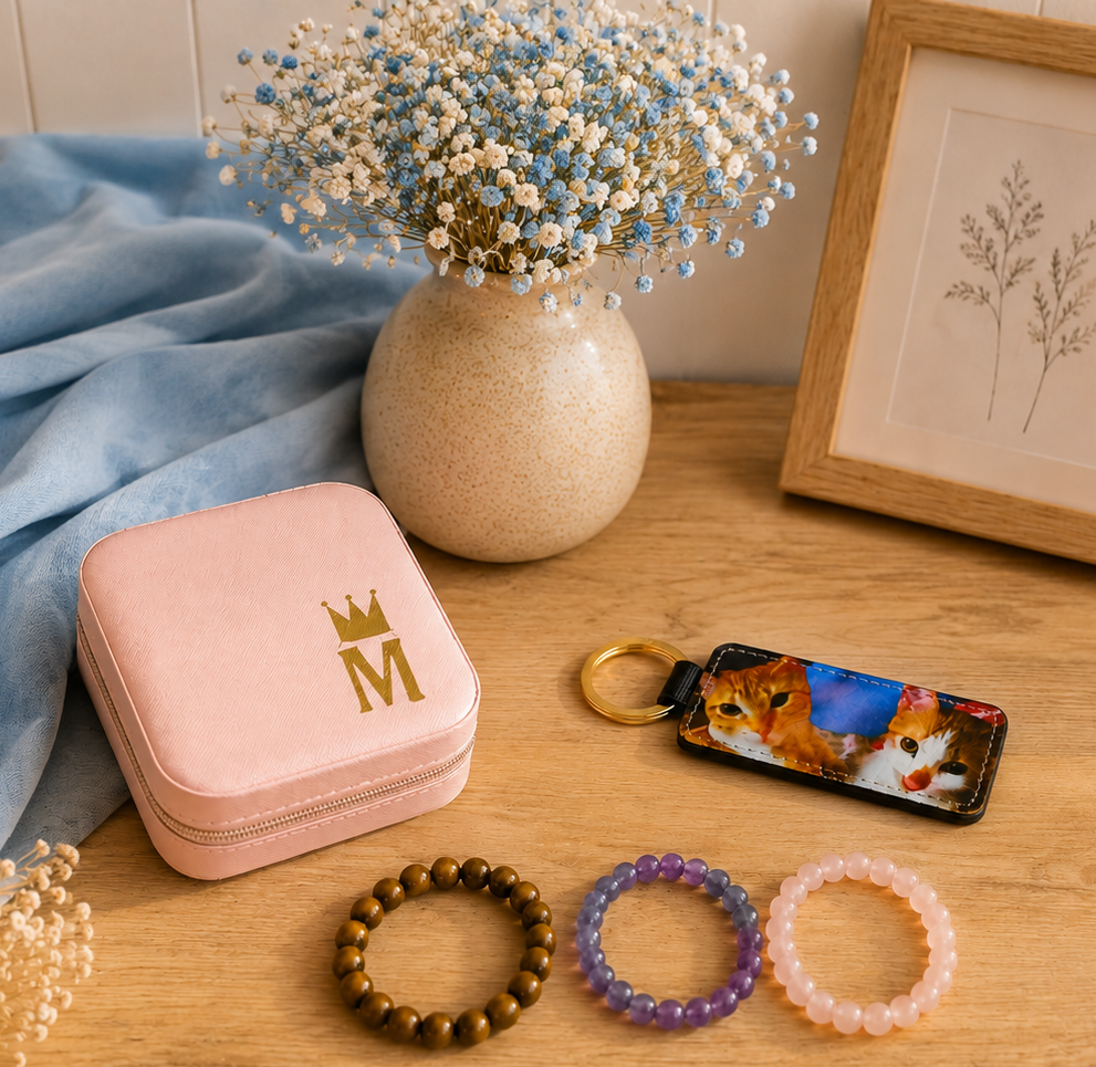 Diferentes regalos personalizados (joyero, llavero y pulseras) para sorprender en ocasiones especiales