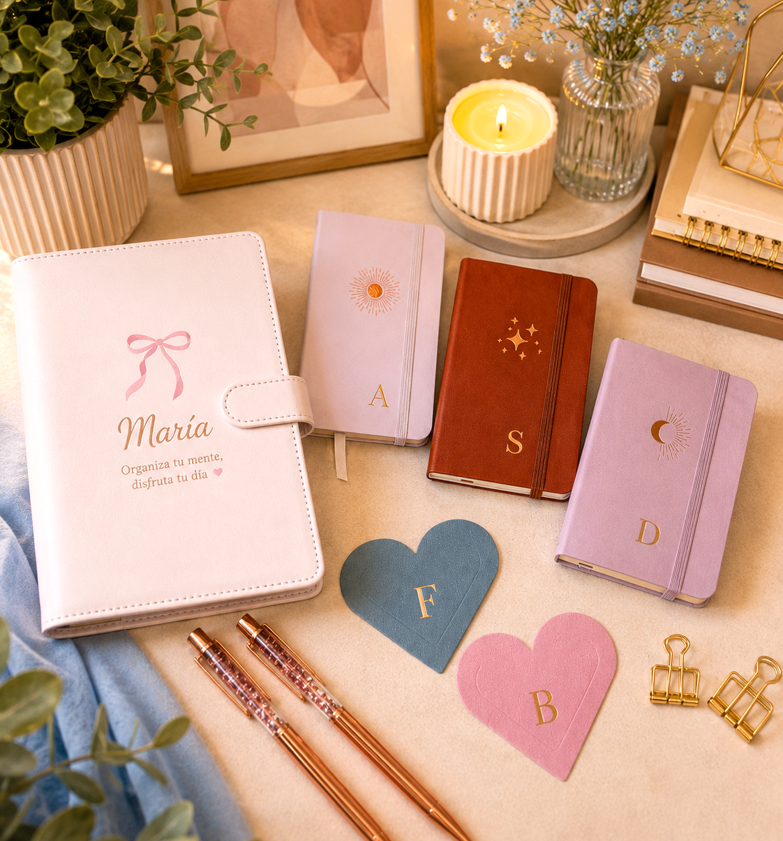 Libretas personalizables, journal, bolígrafos, marcapáginas y diferentes detalles de papelería para  escribir sueños y metas