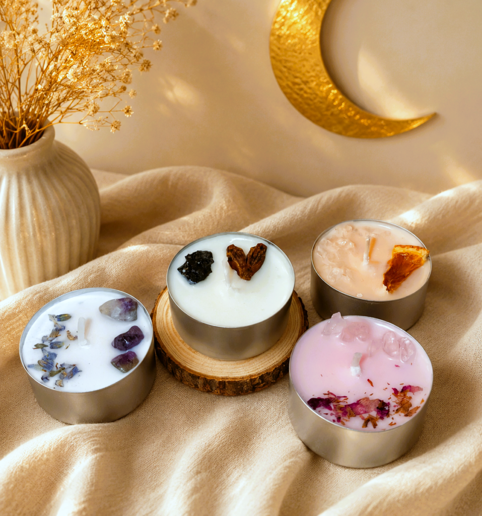 Velas de té aromáticas, con fondo cálido y luna