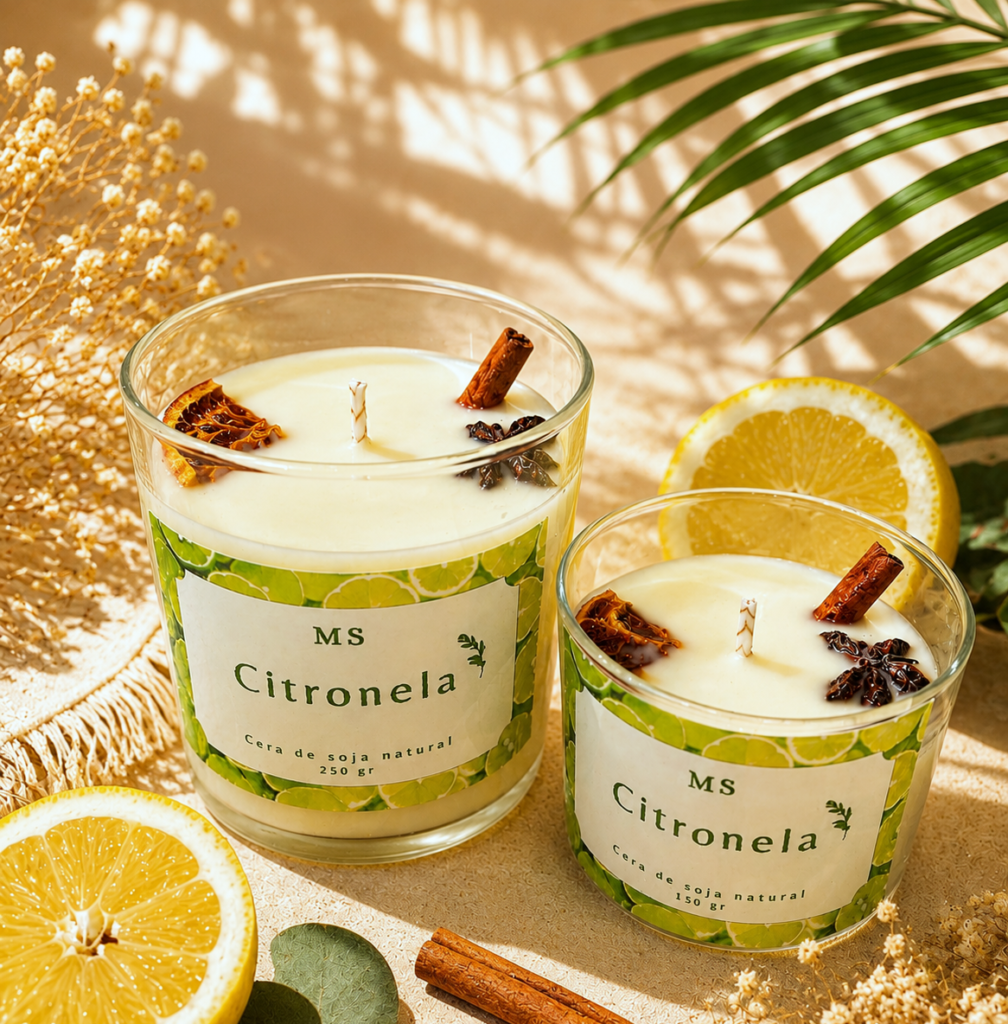 Velas aromáticas de citronela decoradas con fondo veraniego