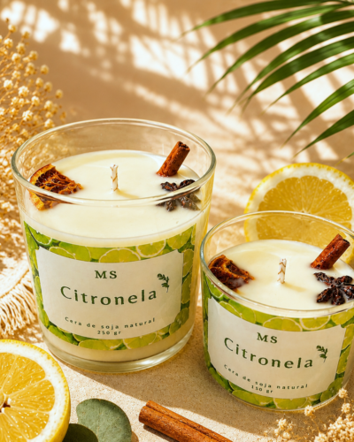 Velas aromáticas de citronela decoradas con fondo veraniego