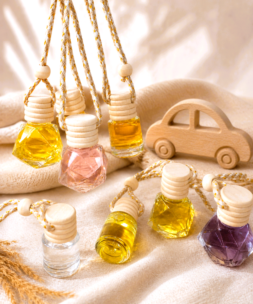 Ambientadores de coche con fondo cálido y coche de madera