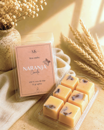 wax melts de canela y naranja con fondo neutro