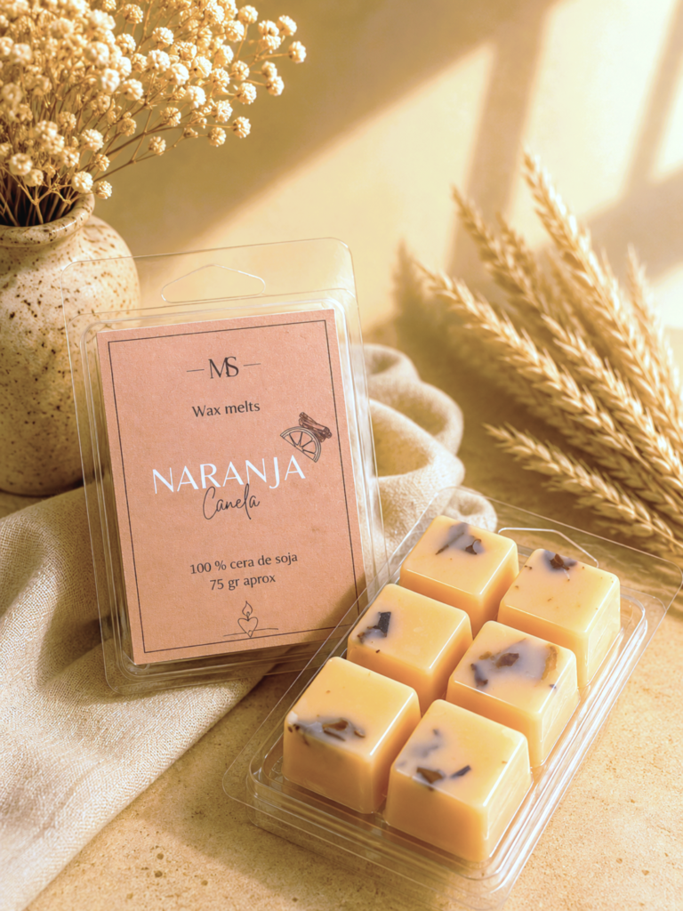 wax melts de canela y naranja con fondo neutro