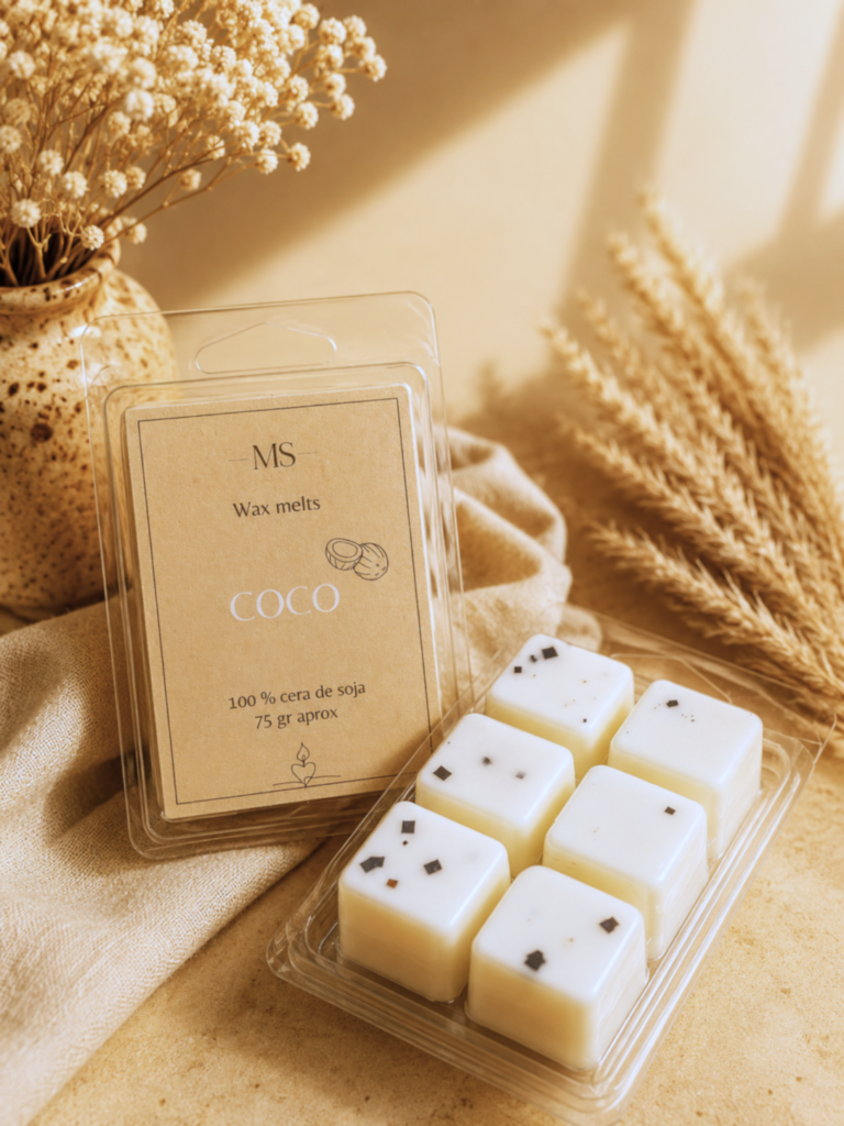 wax melts de coco con fondo neutro