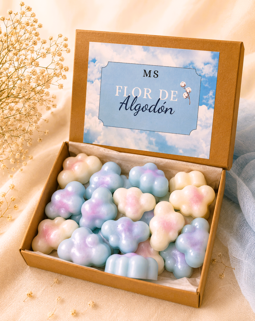 Bombones de cera en forma de nubes de colores azul y blanco en caja de cartón