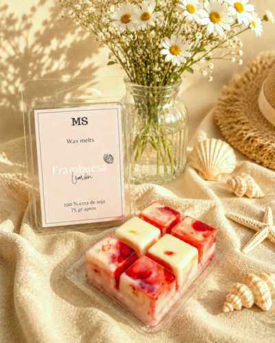 wax melts de frmabuesa y lima con fondo neutro