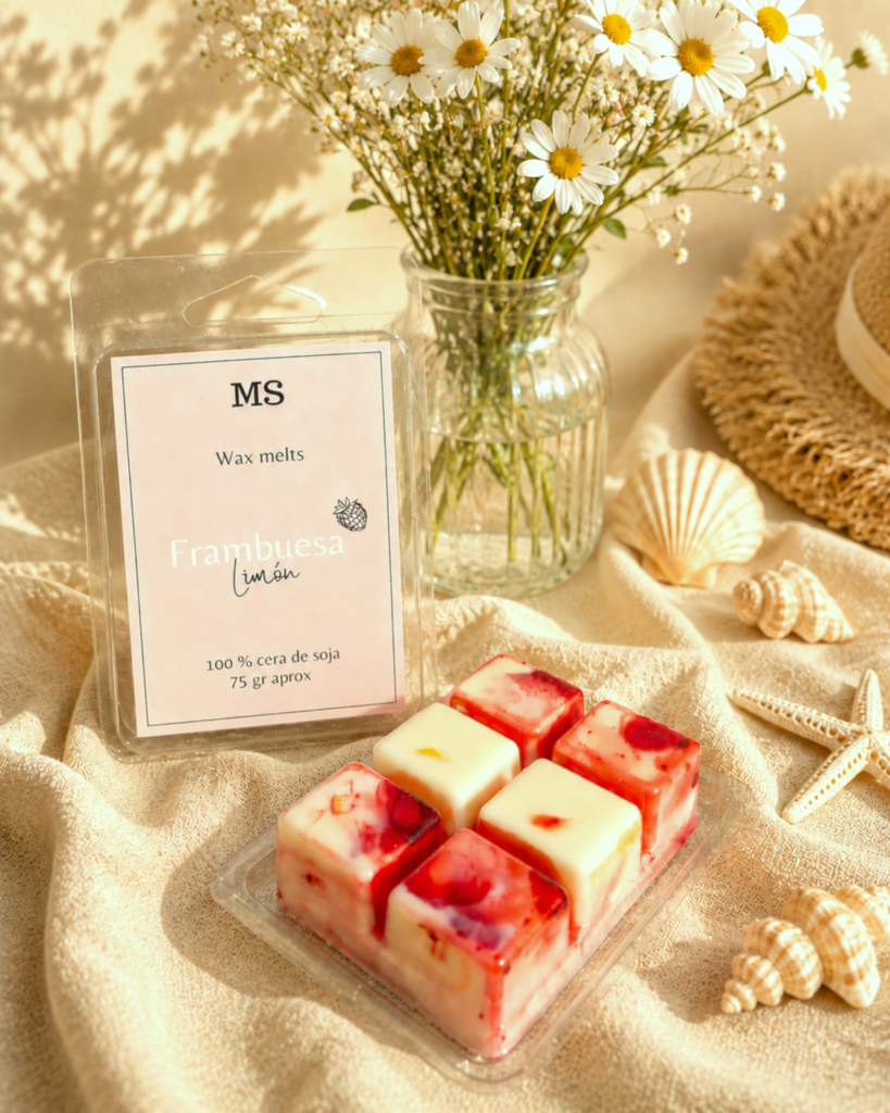 wax melts de frmabuesa y lima con fondo neutro