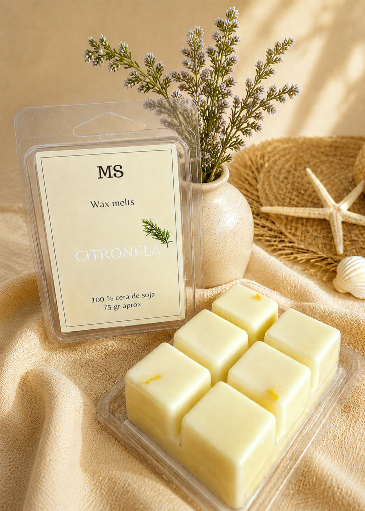 wax melts de citronela con fondo neutro