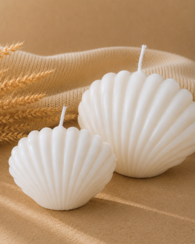Vela decorativa en forma de conche con fondo neutro
