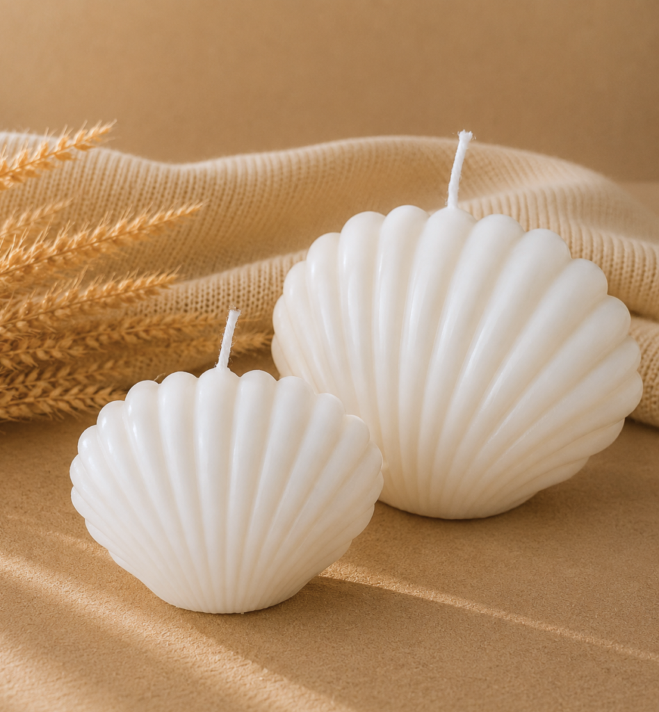 Vela decorativa en forma de conche con fondo neutro