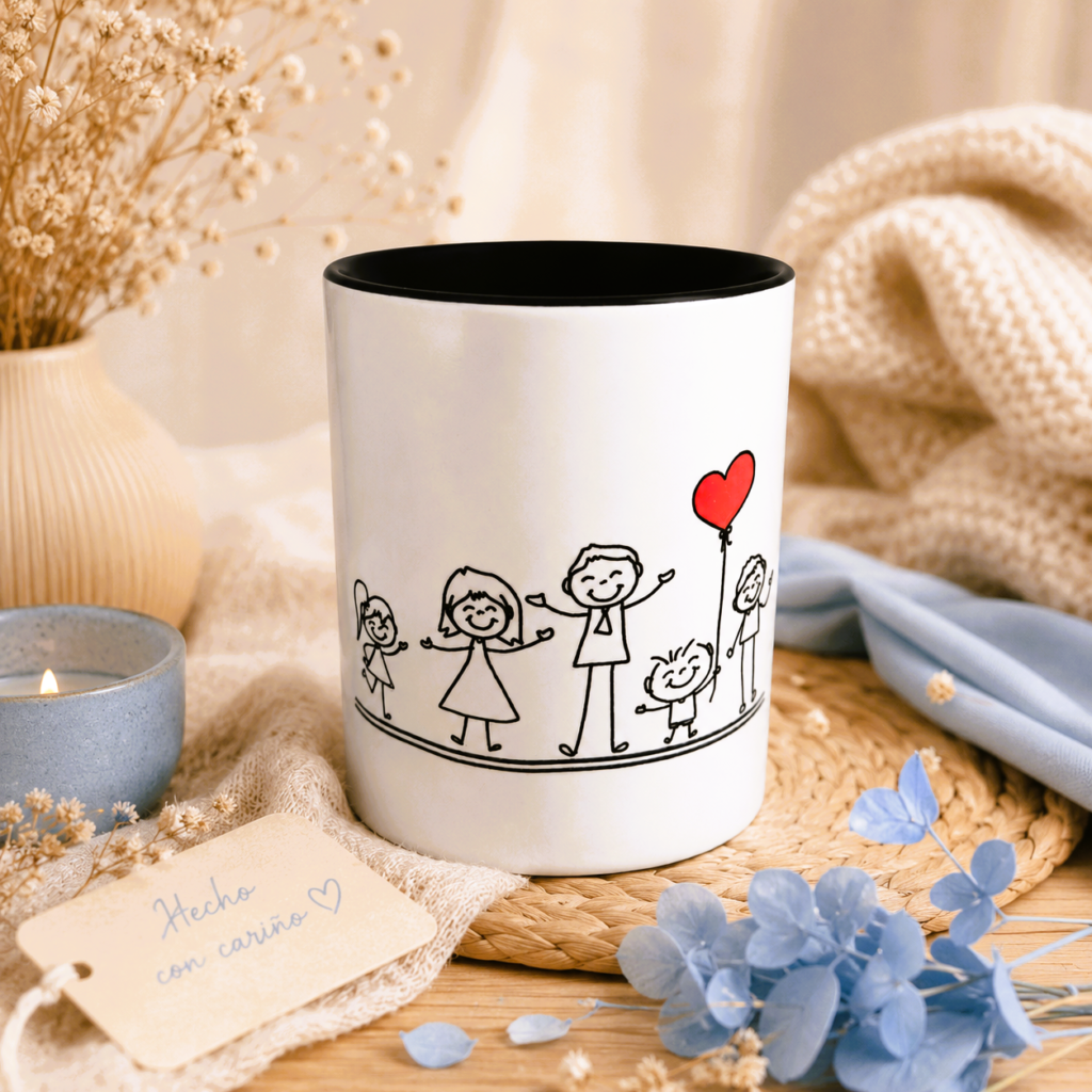 Taza personalizada familiar con bonito fondo en tonos beiges y celestes
