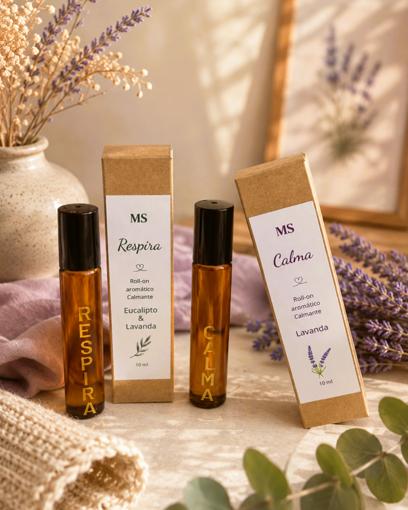 Rollón aromático para muñecas o cuellos con diferentes aromas relajantes con fondo beige