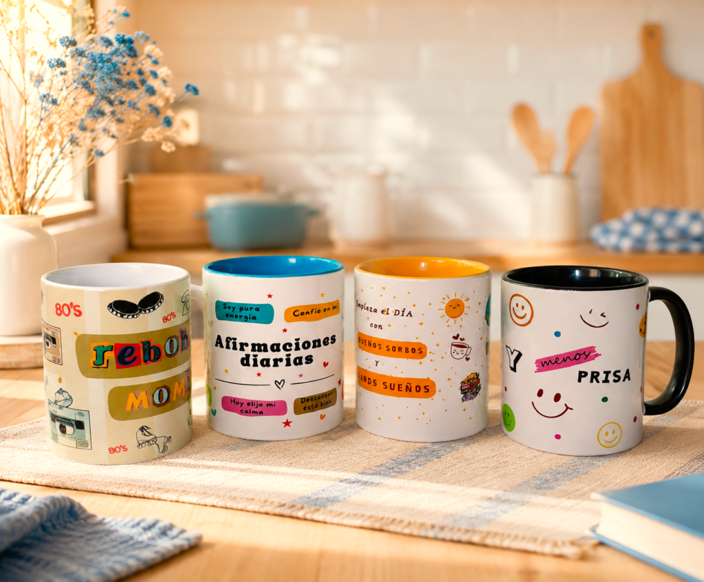 Tazas emocionales y personalizadas de diferentes colores para acompañarte cada mañana