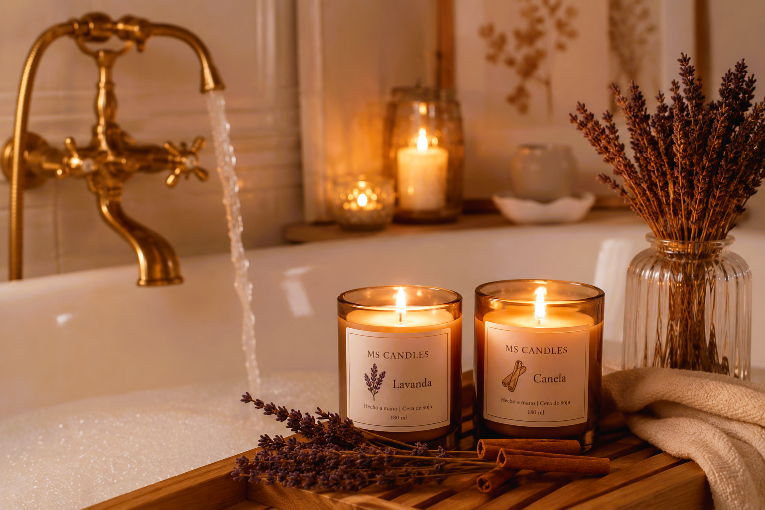 Velas aromáticas y hojas de lavanda con fondó cálido y acogedor de una bañera llenándose de agua