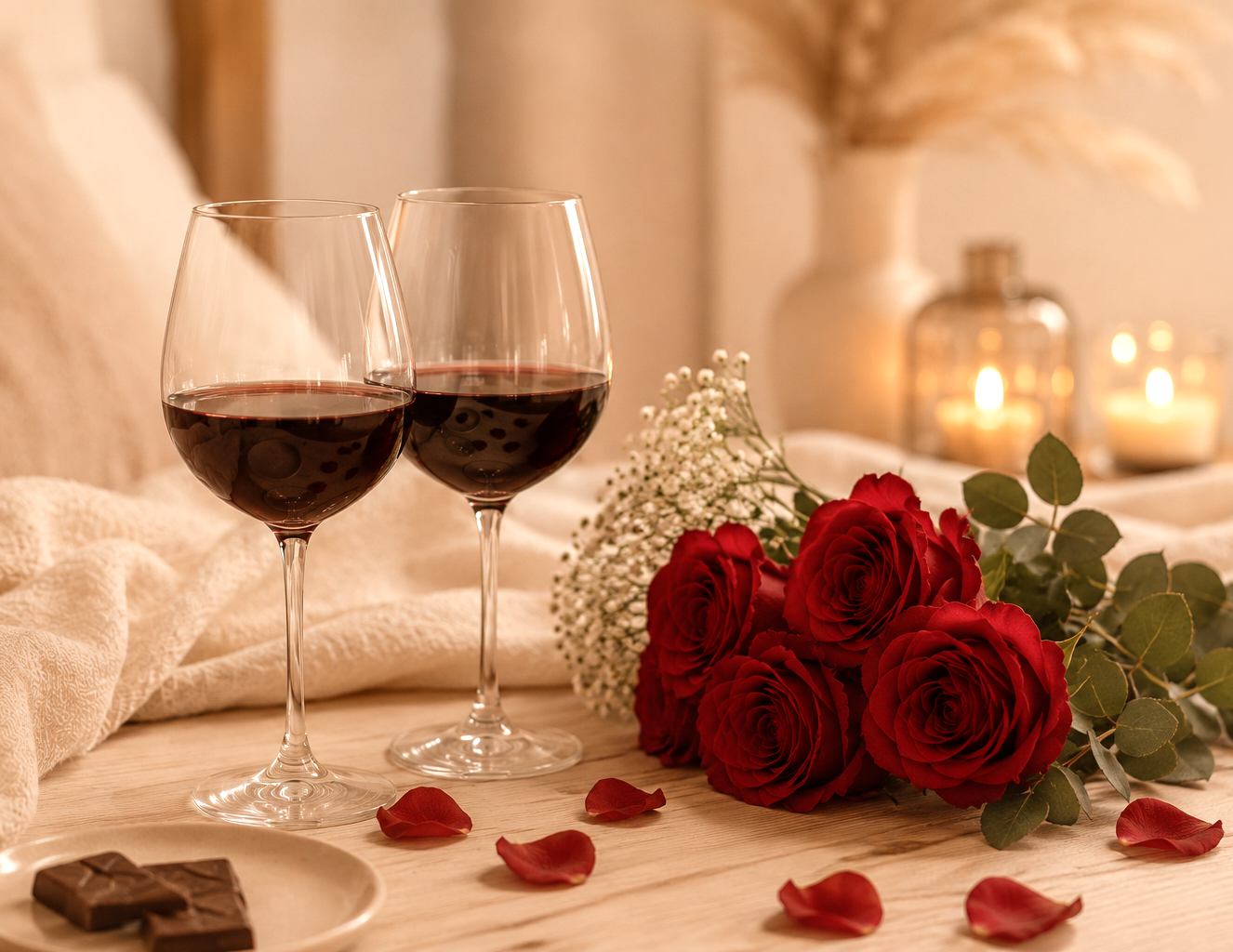 Celebración con dos copas de vino tinto y ramo de rosas  con fondo en tonos beiges