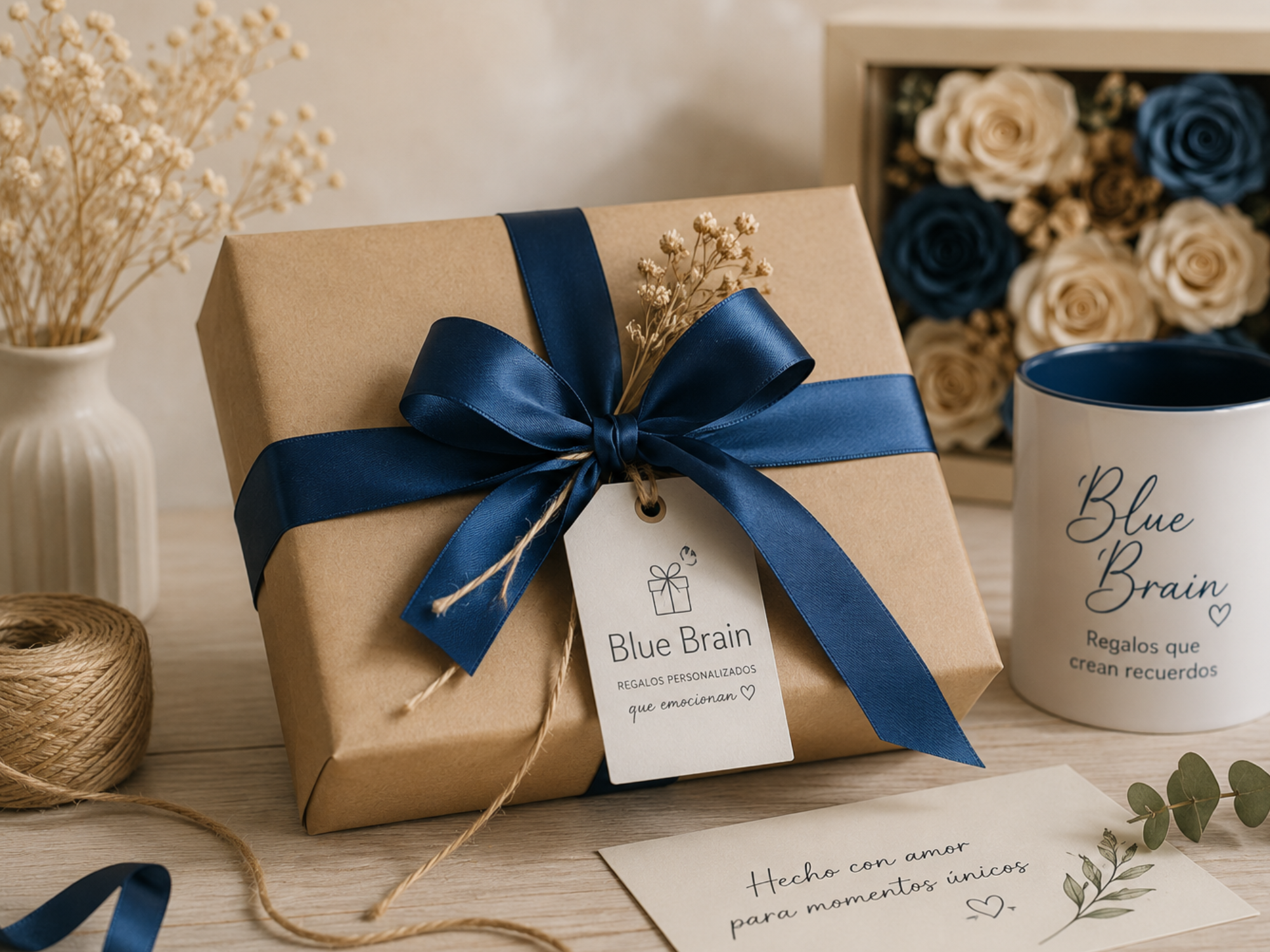 Regalos personalizado envuelto con papel kraft y lazo azul marino