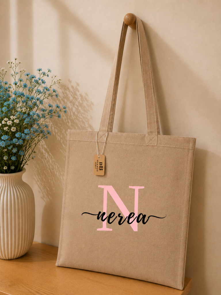 Tote bag de algodón con frase sobre fondo neutro