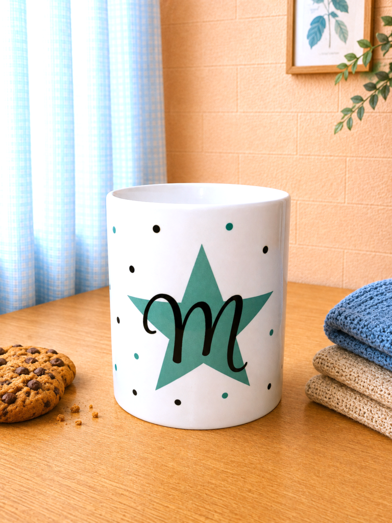 taza con inicial y lunares con fondo neutro