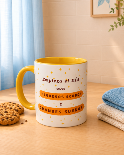 taza con frase motivadora y fondo neutro