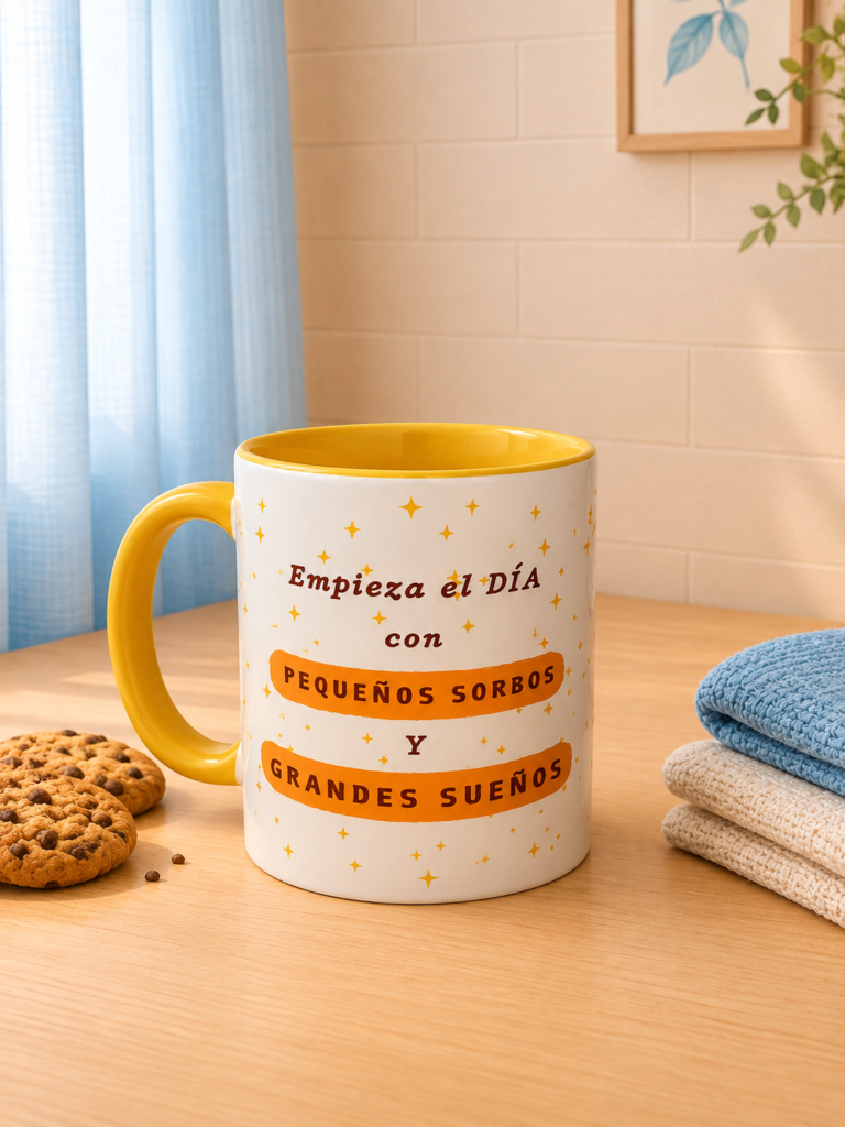 taza con frase motivadora y fondo neutro