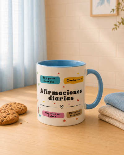 taza con afirmaciones diarias con fondo neutro