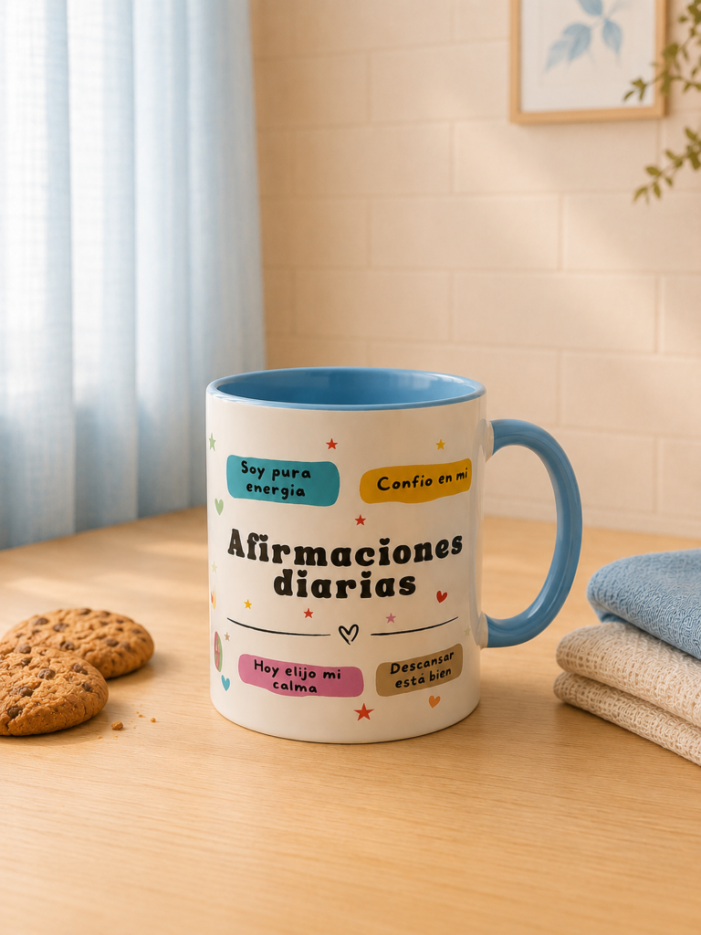 taza con afirmaciones diarias con fondo neutro