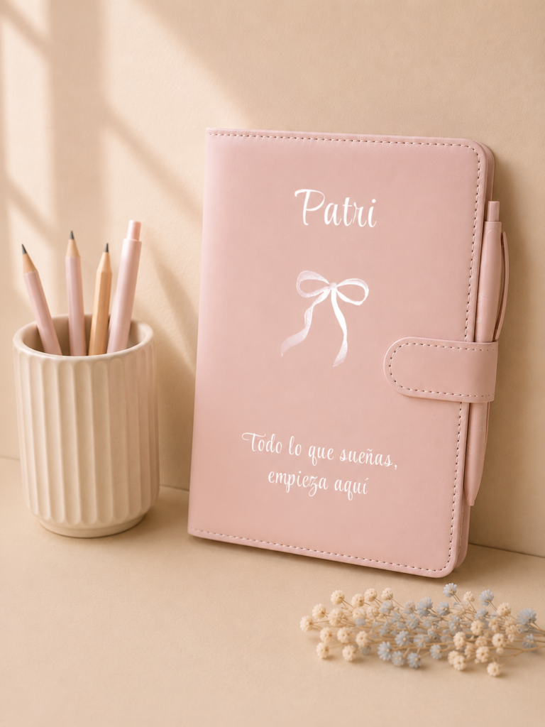 journal rosa empolvado con lazo y personalizacion con fondo neutro