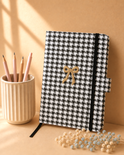 libreta de cuadros vichy blancos y negros con lazo dorado y fondo neutro