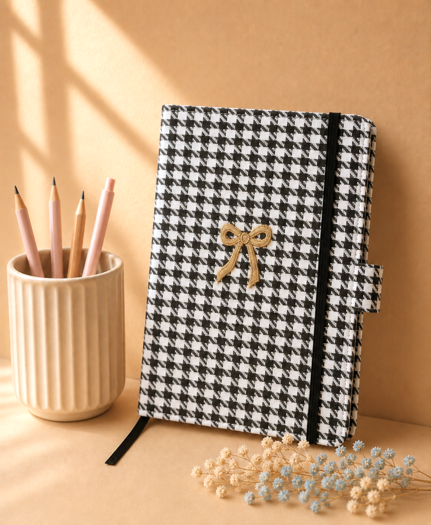 libreta de cuadros vichy blancos y negros con lazo dorado y fondo neutro