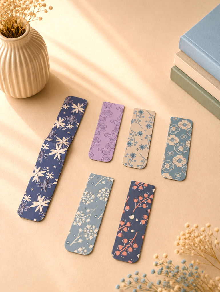 pequeños marcapaginas de iman con motivos florales con fondo neutro