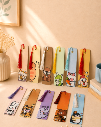 marcapáginas de animales y colores con borlas de colores con fondo neutro