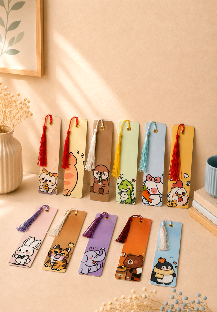 marcapáginas de animales y colores con borlas de colores con fondo neutro