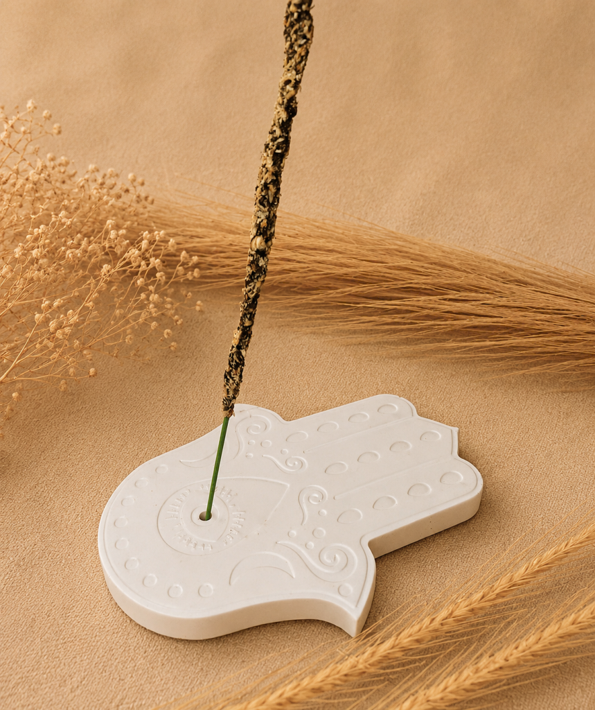 Portaincienso en forma de mano de fatima elaborado con resina ecologica con fond neutro