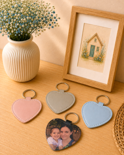llaveros de colores de polipiel en forma de corazon con fotografia sobre fondo neutro