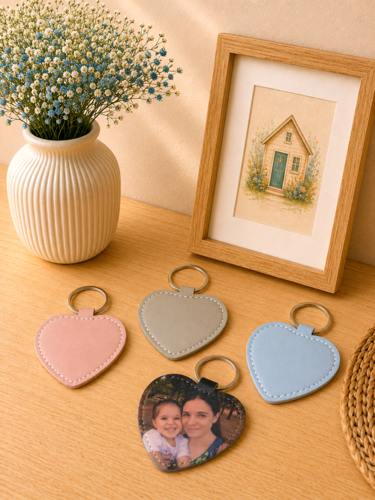 llaveros de colores de polipiel en forma de corazon con fotografia sobre fondo neutro
