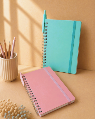 notebook rosa y turquesa con boligrafos y fondo neutro