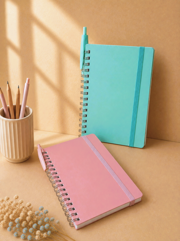 notebook rosa y turquesa con boligrafos y fondo neutro