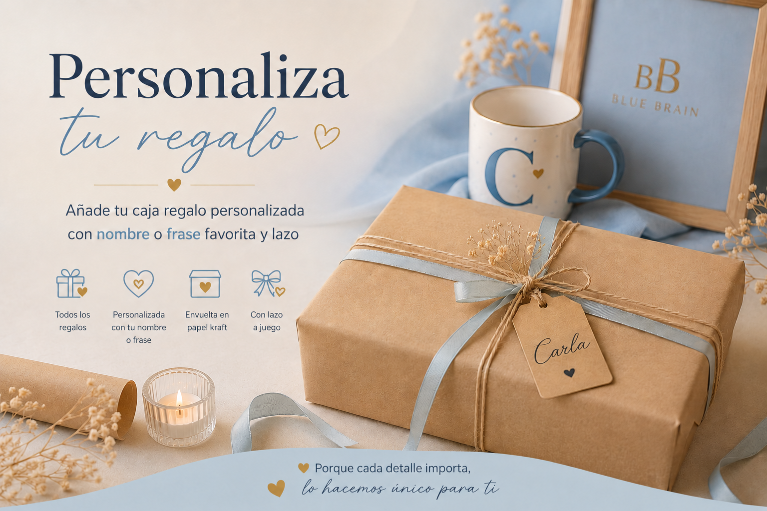Regalo envuelto con papel kraft y lazo y regalos personalizados 