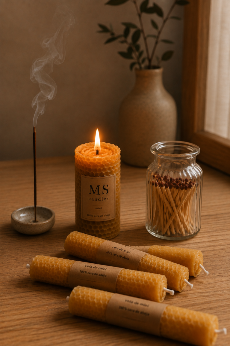 Velas de miel para ritual con fondo cálido
