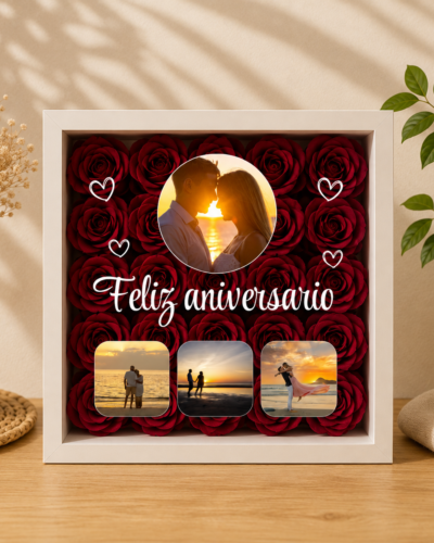 Cuadro de rosas personalizado con frase y fotos con fondo neutro