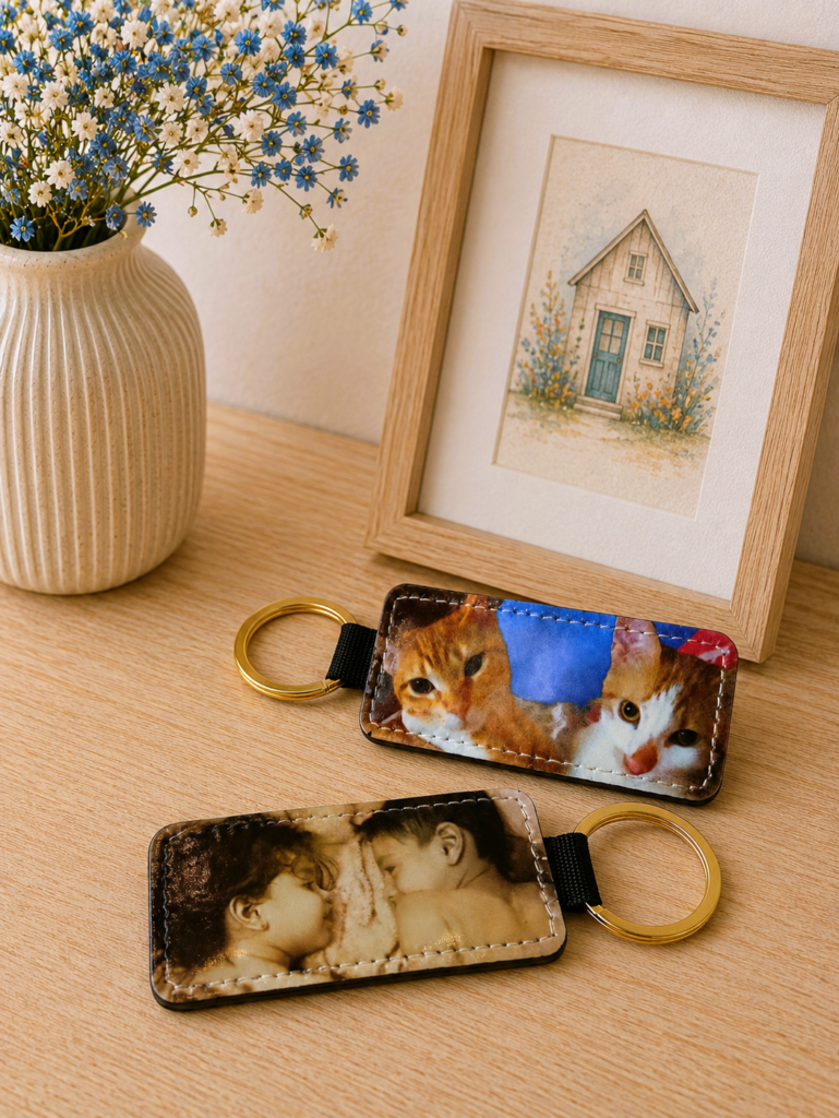 llavero rectangular con foto personalizada con fondo neutro