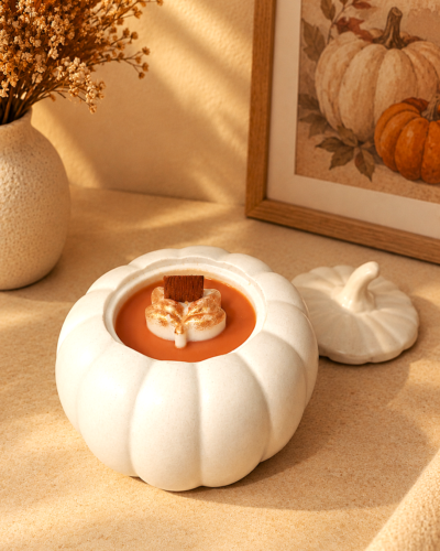 vela aromática de calabaza con recipiente de resina ecologica