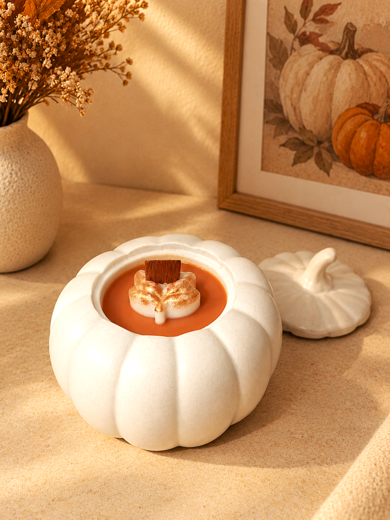 vela aromática de calabaza con recipiente de resina ecologica